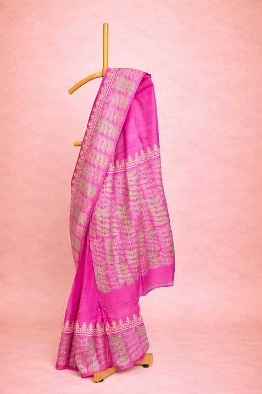 Vibrant pink colored block printed hand spun tussar saree with gold leaf motifs
