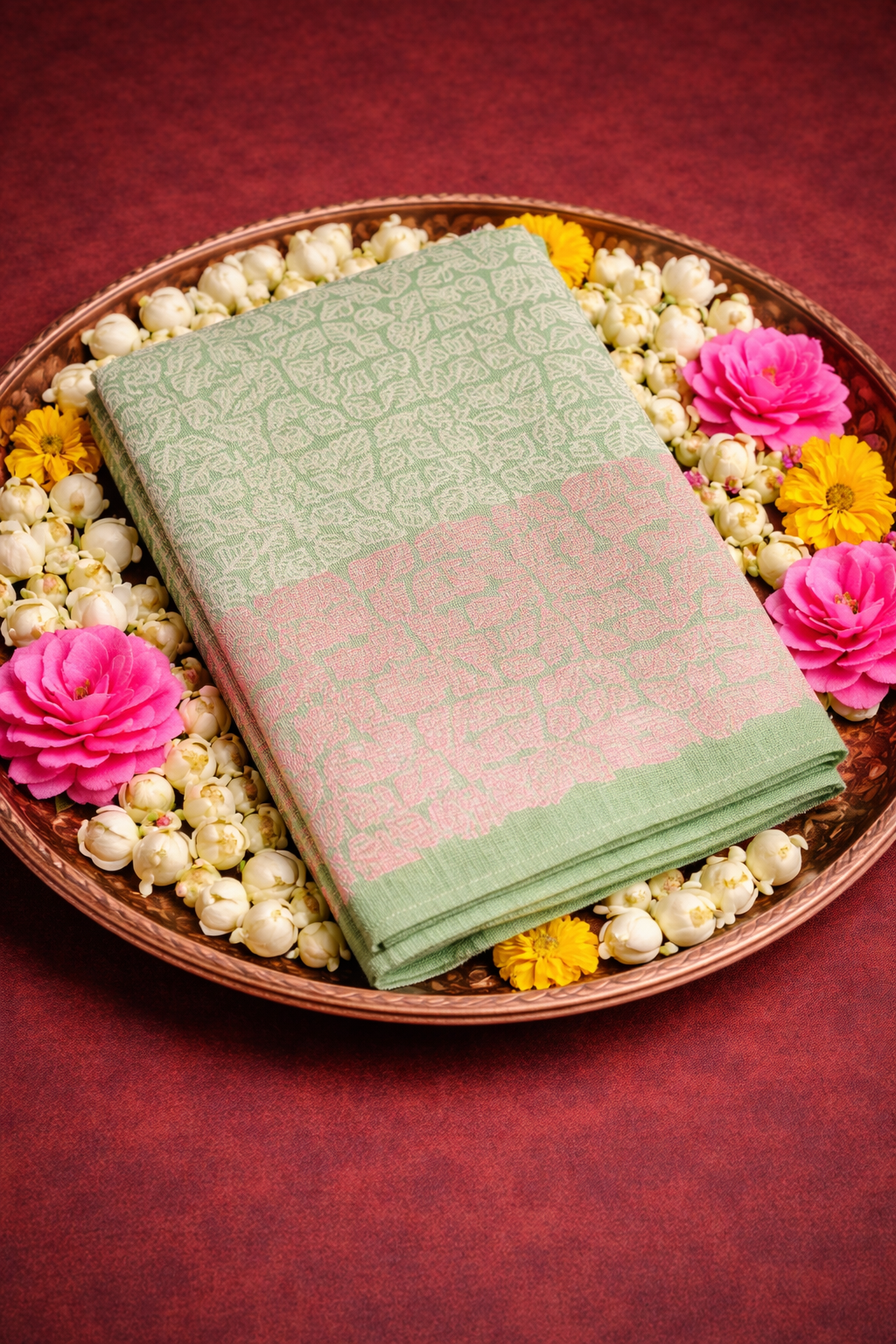 Soft mint colored hand block printed pure tussar sik saree