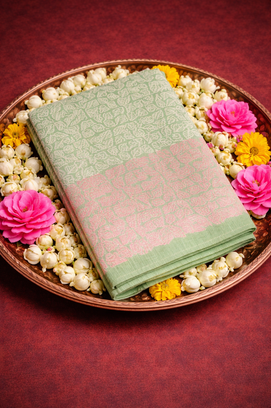Soft mint colored hand block printed pure tussar sik saree