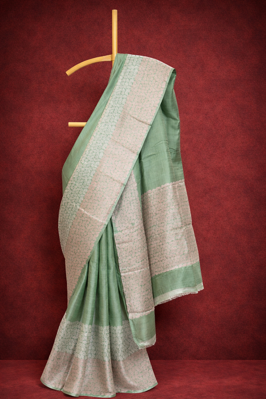 Soft mint colored hand block printed pure tussar sik saree