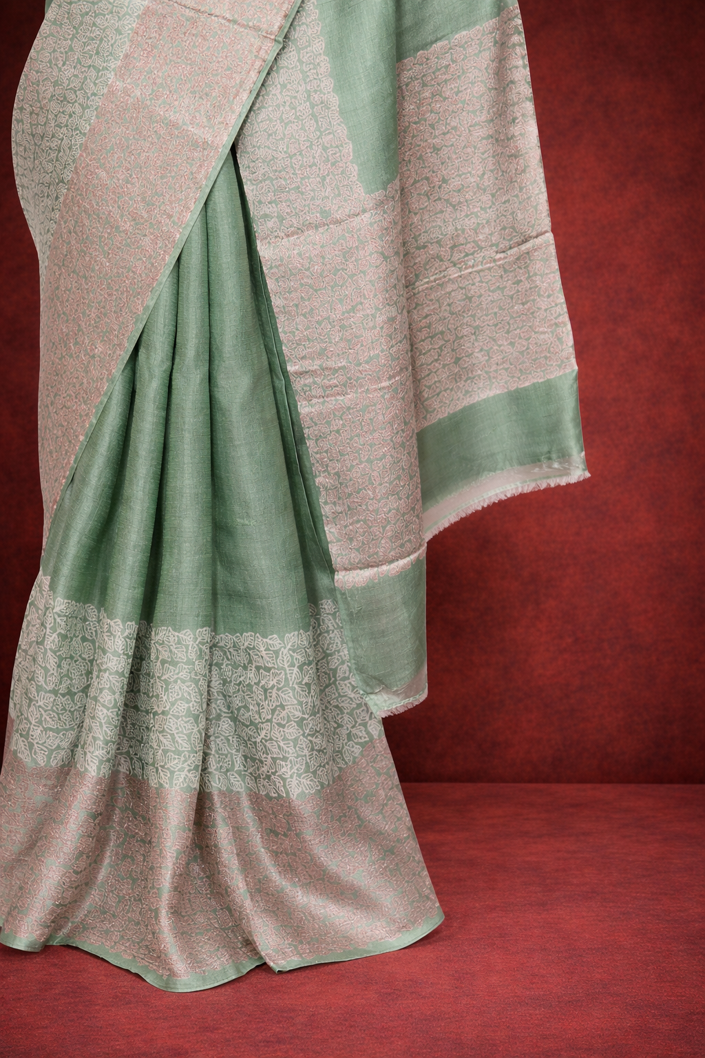 Soft mint colored hand block printed pure tussar sik saree