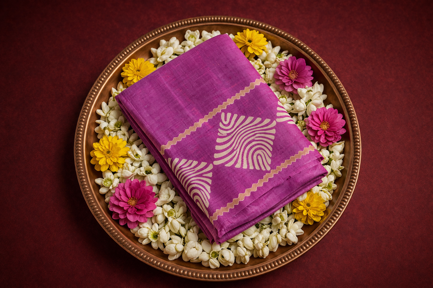 Rich maroon-violet colored hand block printed tussar silk saree