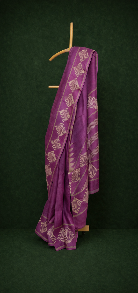 Rich maroon-violet colored hand block printed tussar silk saree