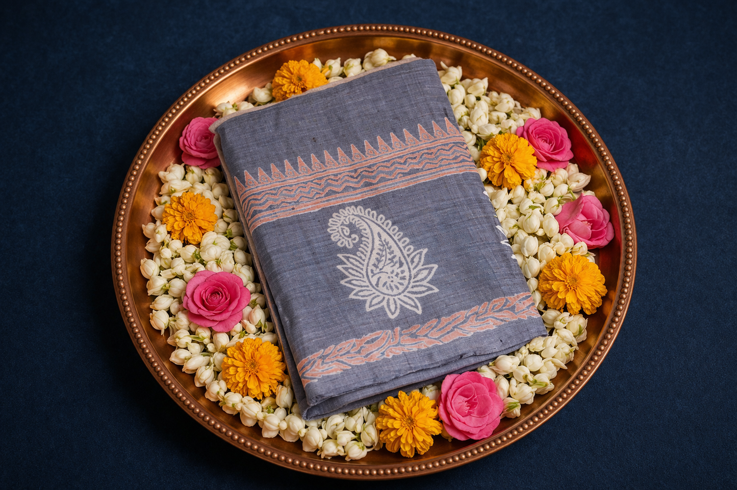 Classic grey colored hand block printed pure tussar silk saree