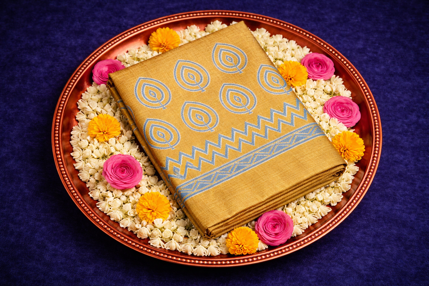 Dark golden colored hand block printed pure tussar silk saree