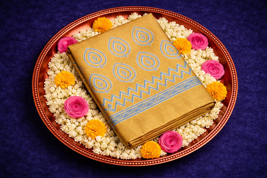 Dark golden colored hand block printed pure tussar silk saree