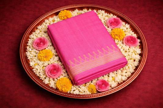 Pink colored hand block printed pure tussar silk saree