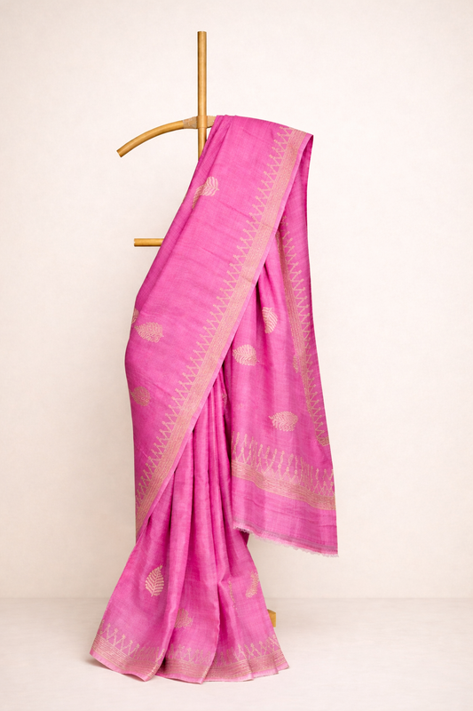 Pink colored hand block printed pure tussar silk saree